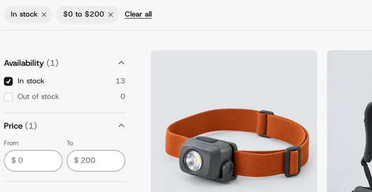 Applied filters above a collection, with availability and price filters in the sidebar