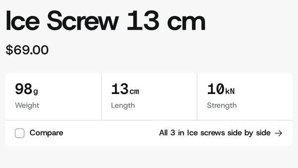 Product page for a 13 cm ice screw with weight, length and strength shown as large values
